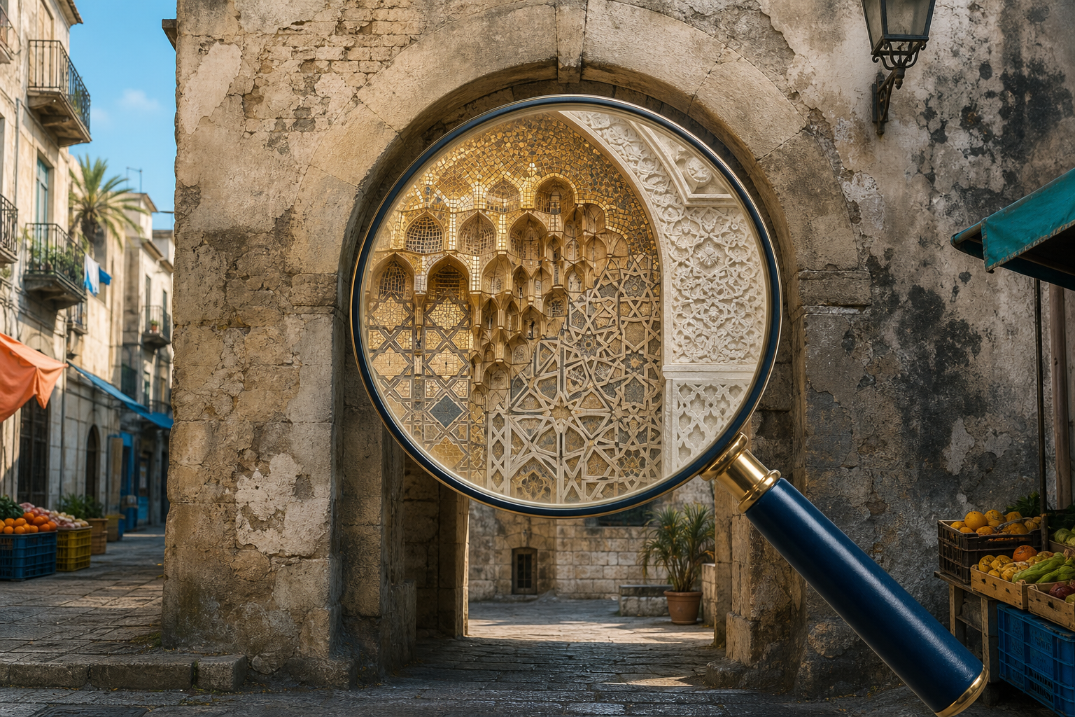 A magnifying glass over a weathered Palermo arch reveals luminous gold mosaic, carved wood, geometric stonework and white stucco interwoven beneath the surface.