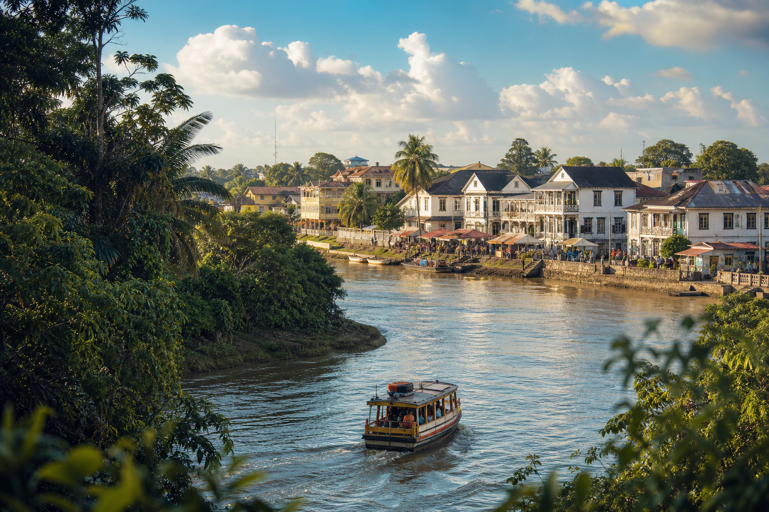 A small boat follows a winding tropical river towards Paramaribo’s weathered white wooden waterfront, conveying how the city’s difficult route protects its un