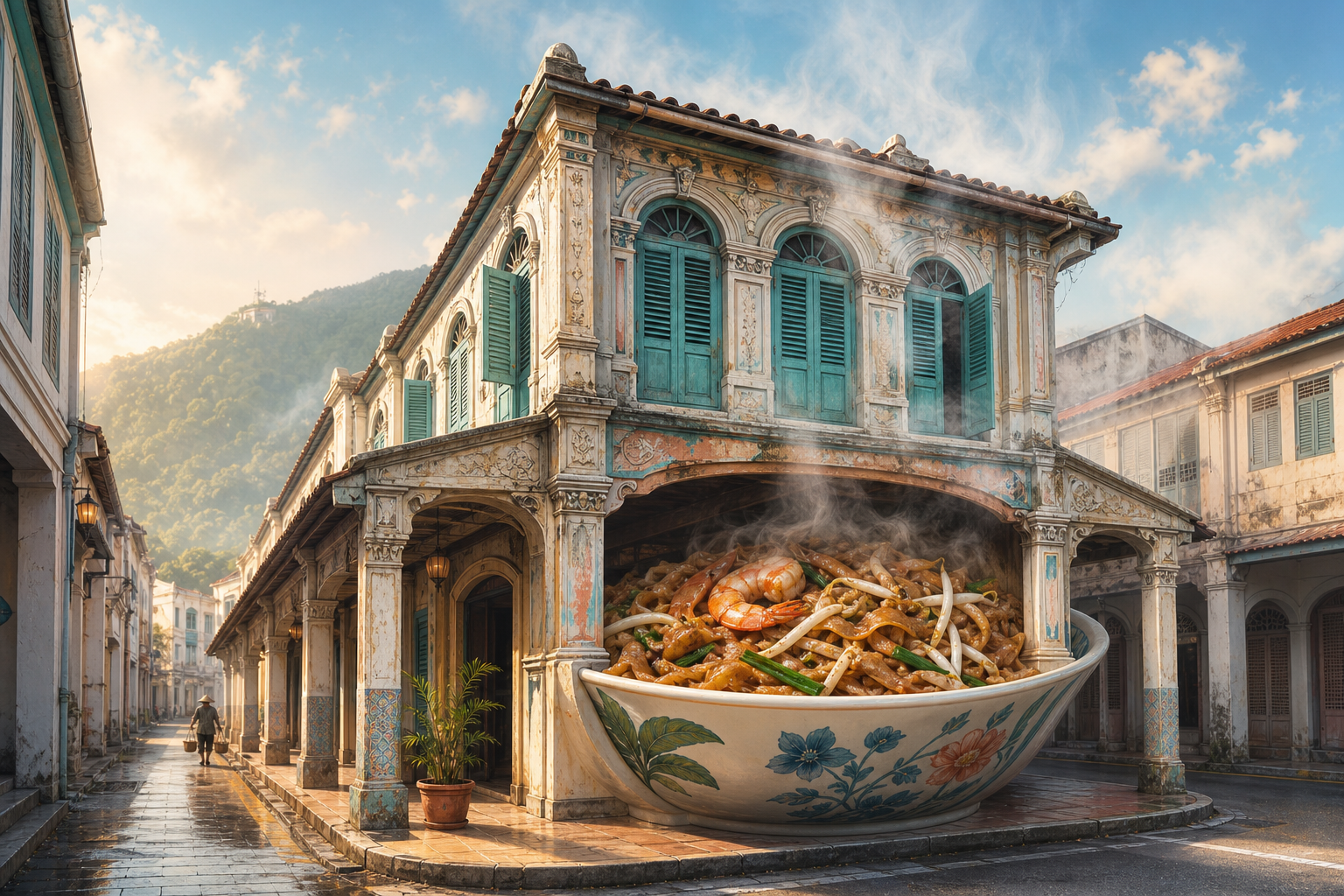 Editorial illustration of a George Town heritage shophouse transformed into a bowl of freshly wok-fried noodles, its shaded arcade and ornate façade forming the