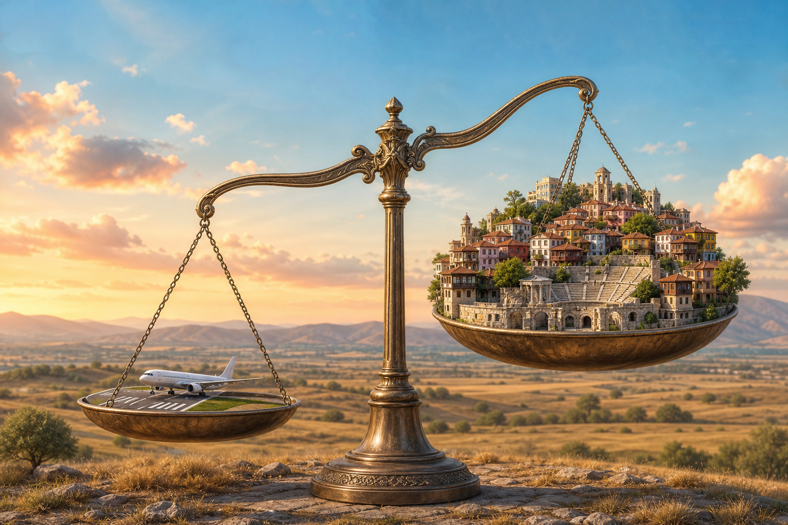 A balance scale tips towards a tiny airport runway and aircraft, outweighing a richly layered miniature of Plovdiv with its Roman theatre, Revival houses and