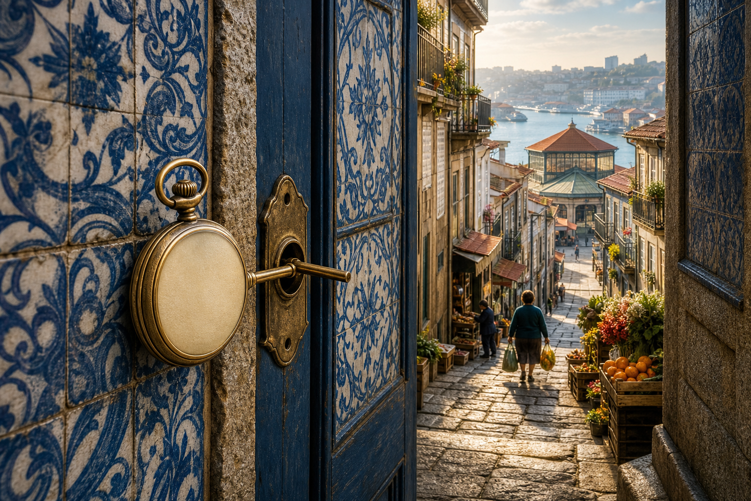 A numberless antique pocket watch serves as a key in a blue-and-white tiled Porto doorway, opening onto a sunlit, steep local street near a covered market, with