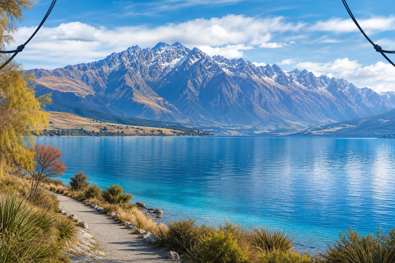 Bungee cords are pulled aside like stage curtains to reveal a calm, expansive view of Lake Wakatipu and the Remarkables, presenting Queenstown’s landscape as