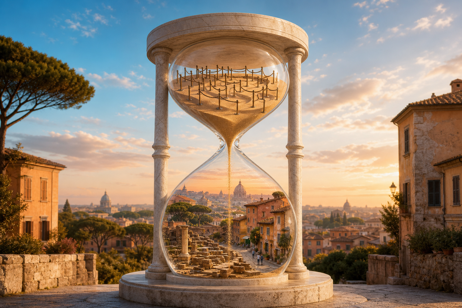 A marble hourglass shows sand stalled in an empty serpentine queue above, while a clear stream falls below and forms a layered Roman scene of ancient ruins, an.