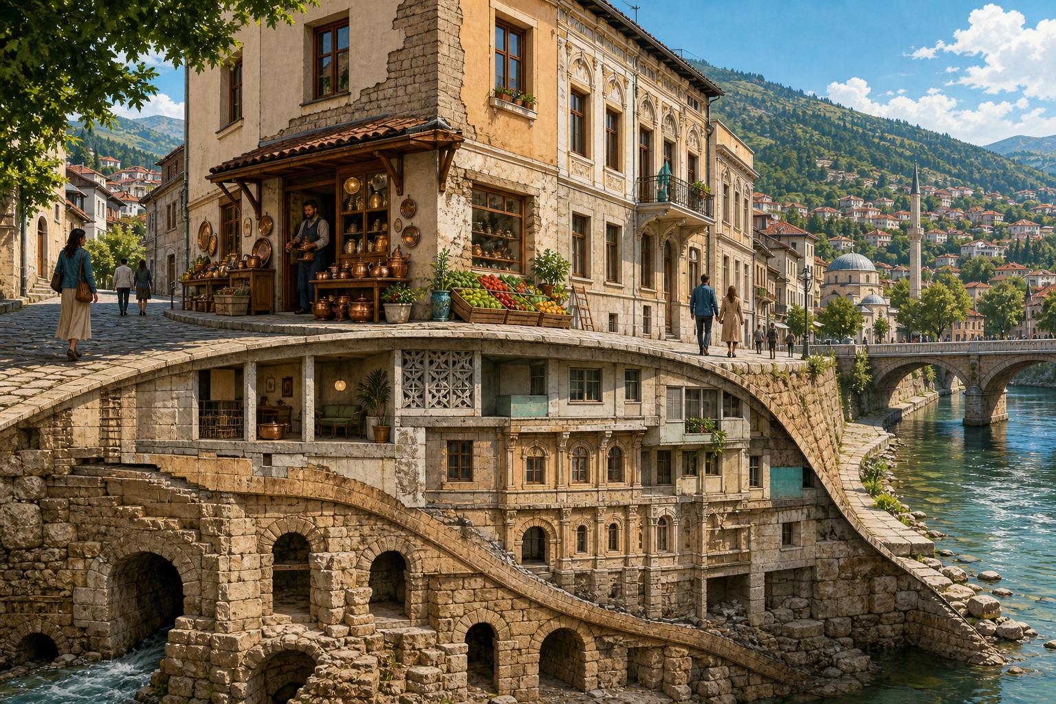 A Sarajevo street corner appears as a geological cutaway, with tightly compressed layers of Ottoman masonry, Austro-Hungarian ornament, socialist concrete and a