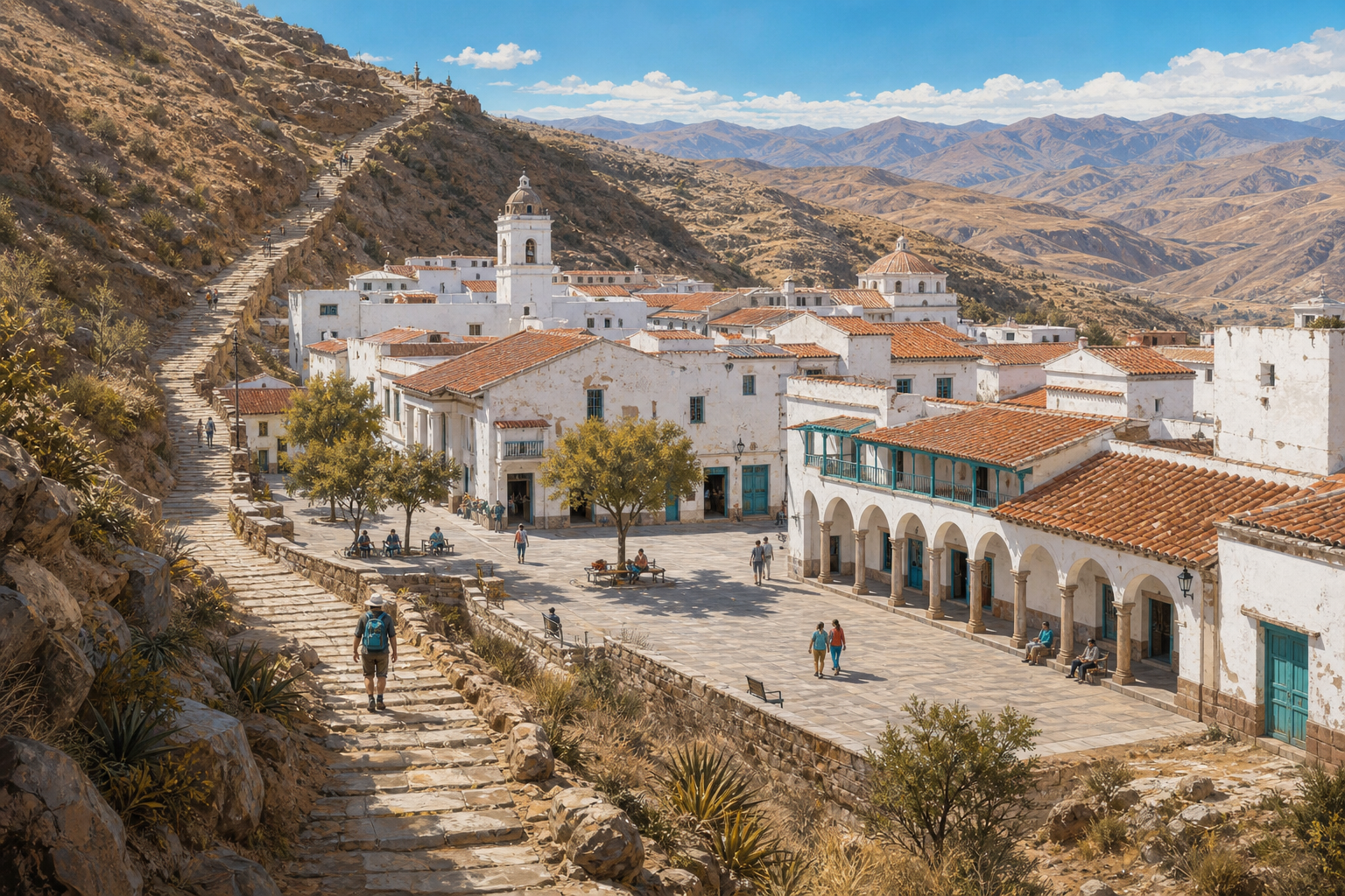 A steep, dusty Andean staircase opens onto a broad sunlit landing shaped like Sucre’s whitewashed colonial centre, offering a calm place to pause before the