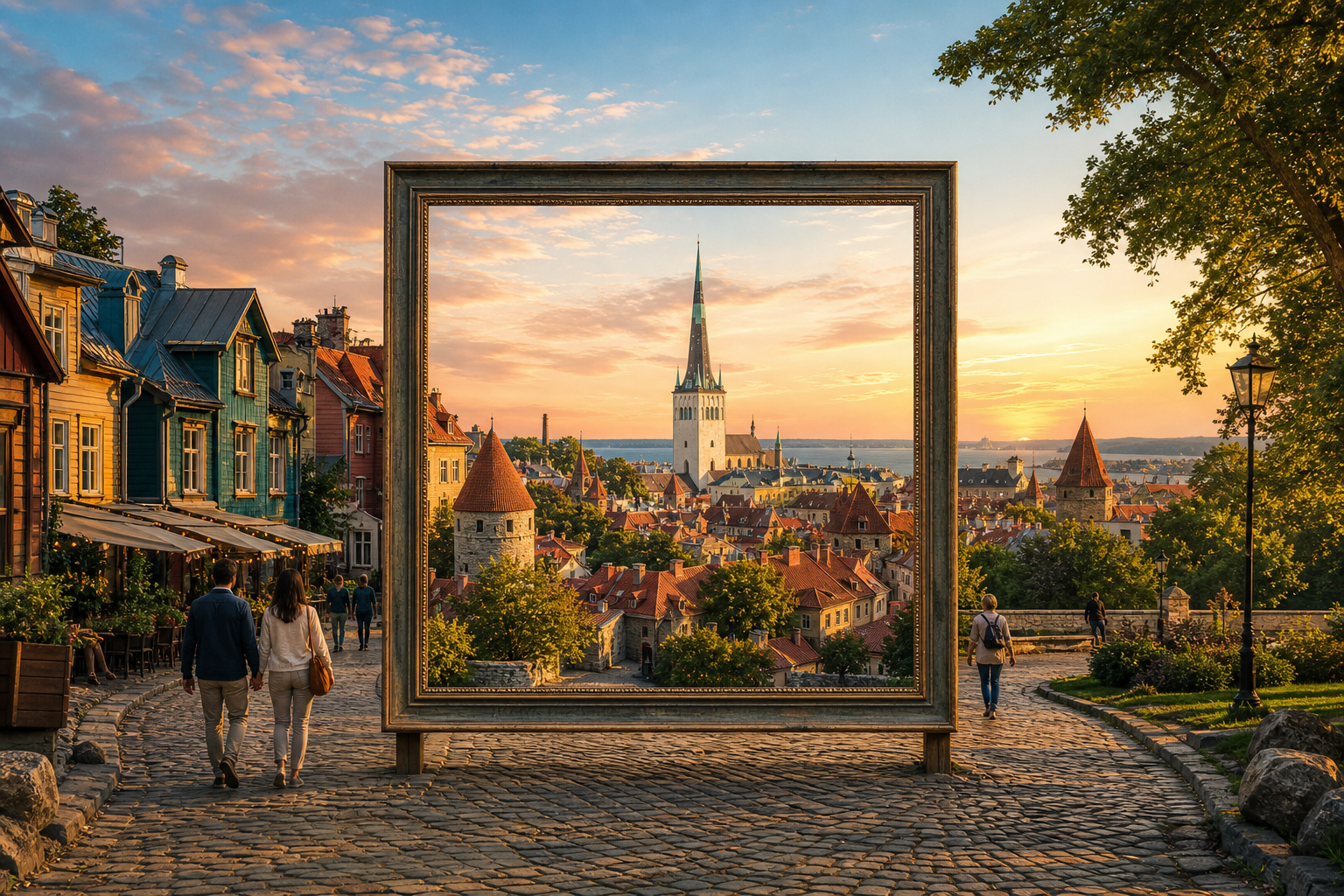 Tallinn’s medieval rooftops sit inside a small freestanding picture frame, while a wider, inviting city of timber streets and green parkland continues beyond it