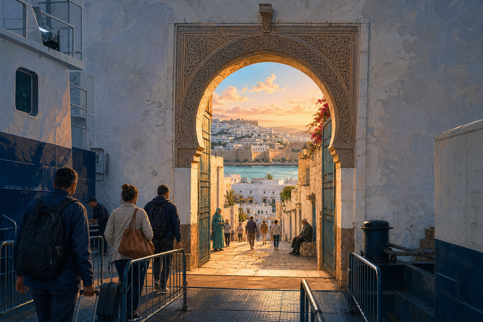 An open medina archway forms a threshold between a cramped ferry landing in harsh daylight and a spacious evening view of Tangier, where kasbah walls, white