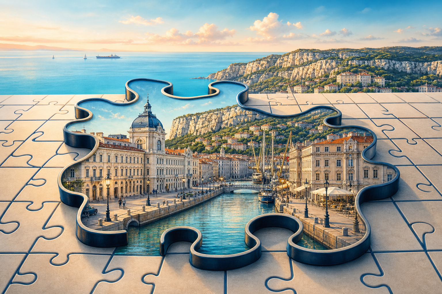 An irregular puzzle piece containing a unified Adriatic port cityscape sits proudly beside a rigid grid of identical itinerary pieces, revealing that the narrow