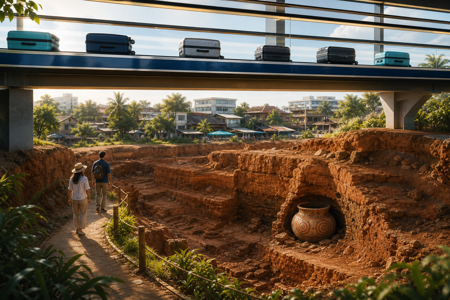 A glossy travelator carrying suitcases glides over an exposed, warmly lit excavation, where a small path descends towards an ancient red-patterned Ban Chiang