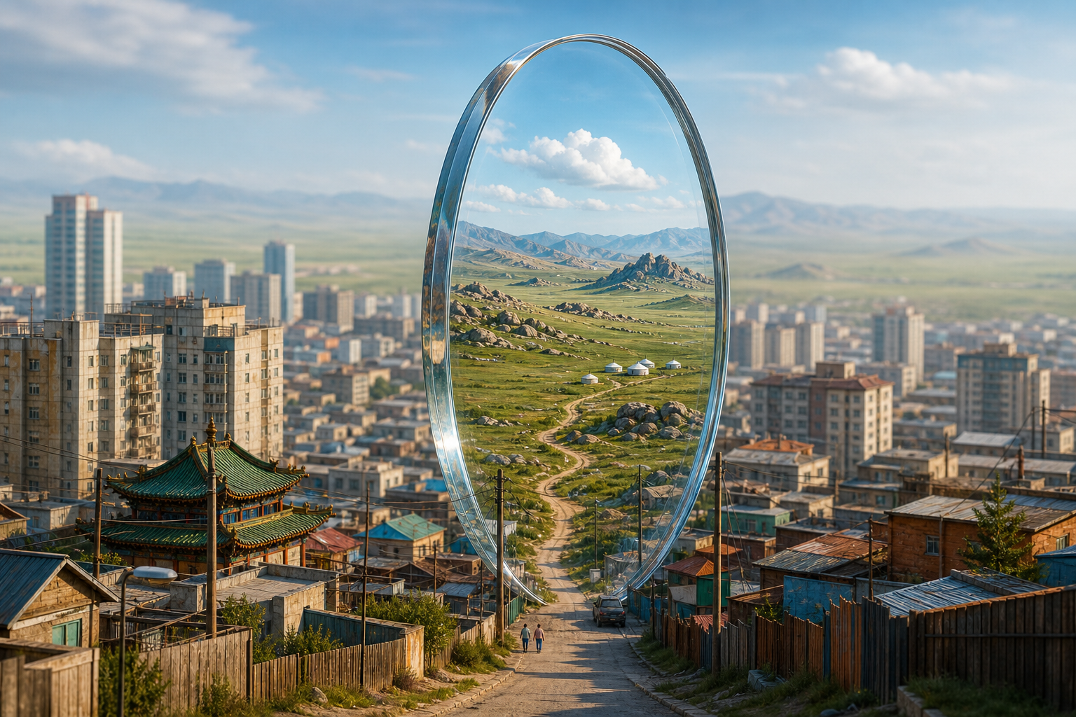 An upright glass lens stands amid Ulaanbaatar’s apartment blocks and ger rooftops, bringing the distant green Mongolian steppe into sharp focus.