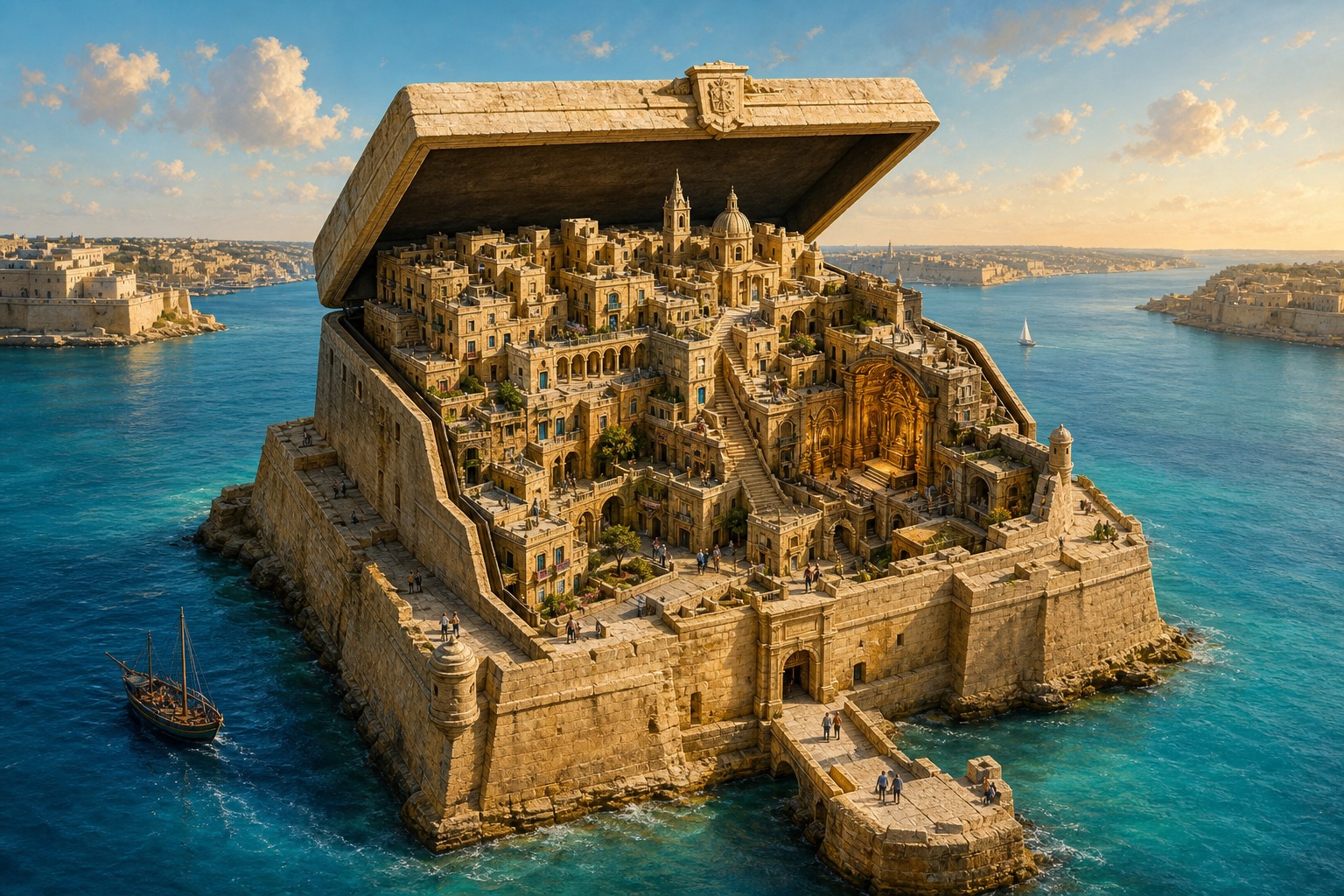 A compact fortress-like limestone box opens to reveal a surprisingly deep, densely layered miniature of Valletta, its narrow streets and historic buildings tied