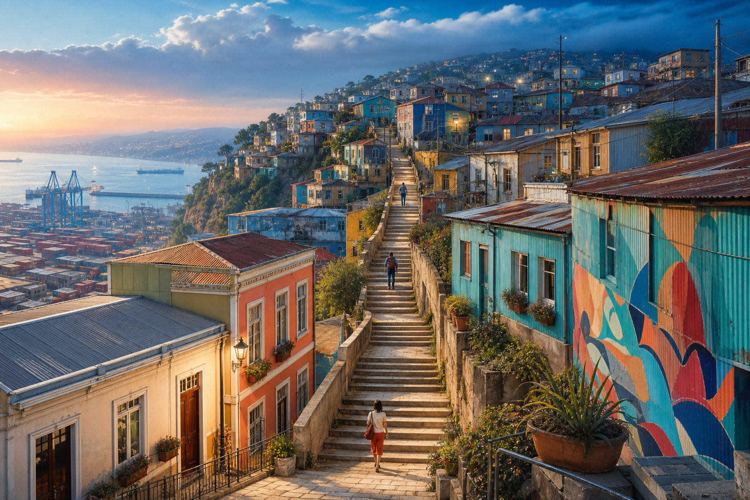 A winding staircase climbs through Valparaíso’s layered hillside neighbourhoods, moving from bright afternoon into misty coastal evening as colourful, weathered