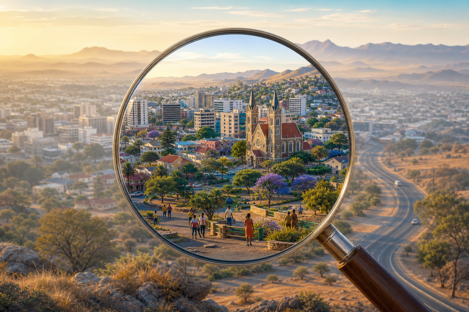 A magnifying glass brings Windhoek’s streets, gardens and hilltop church into vivid focus while a pale road curves past the city towards distant wilderness.