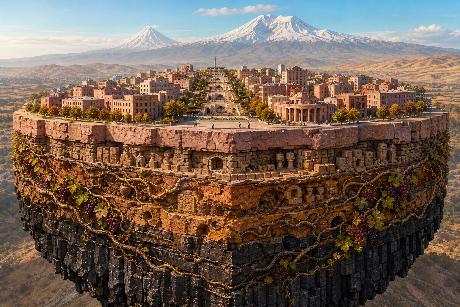 A pink-stone model of Yerevan sits atop a cutaway plateau whose deep layers contain ancient masonry, basalt and grapevine roots, with snow-capped Mount Ararat