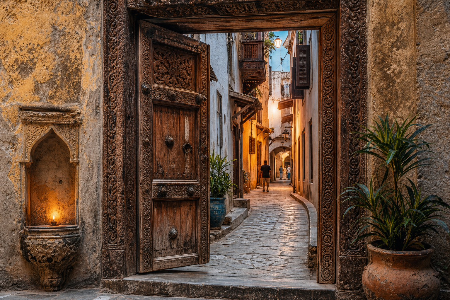 A weathered, intricately carved Zanzibari door opens onto a deep, winding Stone Town alley whose layered walls and shifting light suggest a city that reveals .
