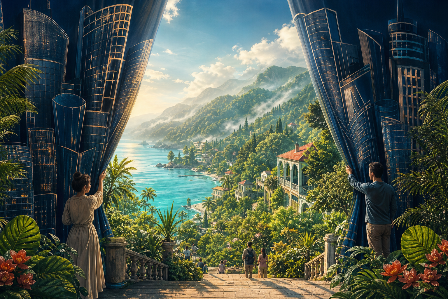 A glossy resort skyline hangs like a thin stage curtain, parted to reveal Batumi’s lush botanical coast, layered old architecture and misty Adjarian forested