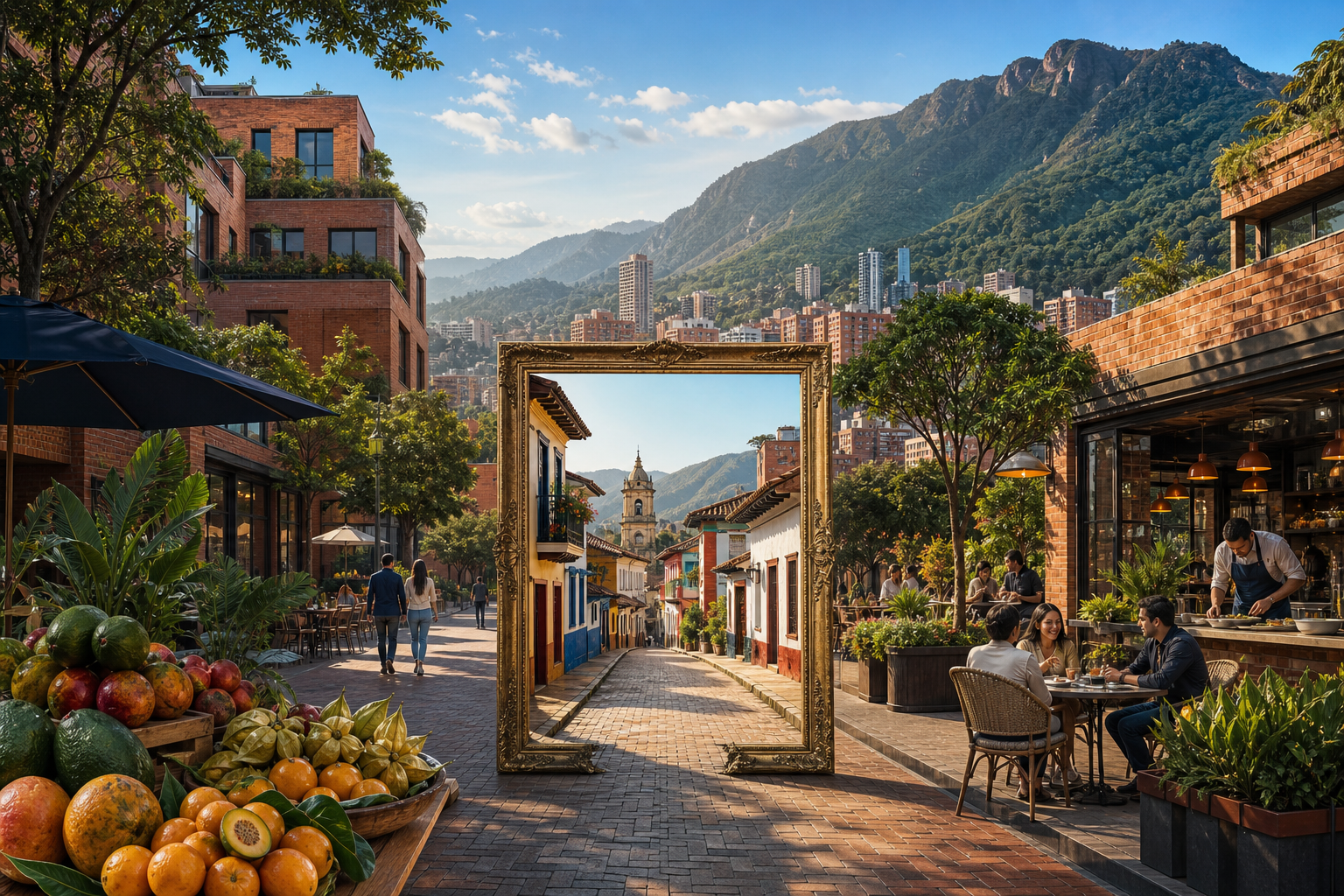 An ornate frame containing a small colonial Bogotá street stands within a much broader, leafy high-altitude cityscape of brick neighbourhoods, fresh produce and
