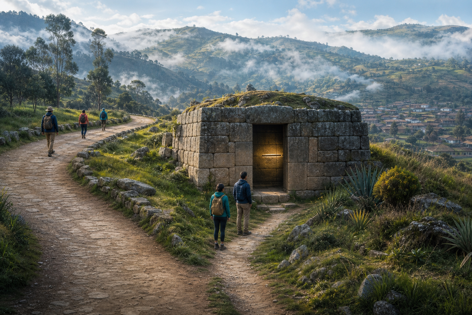 In misty green Andean highlands, a deeply worn path curves around a small Inca stone chamber while a faint side path leads towards its open doorway, symbolising