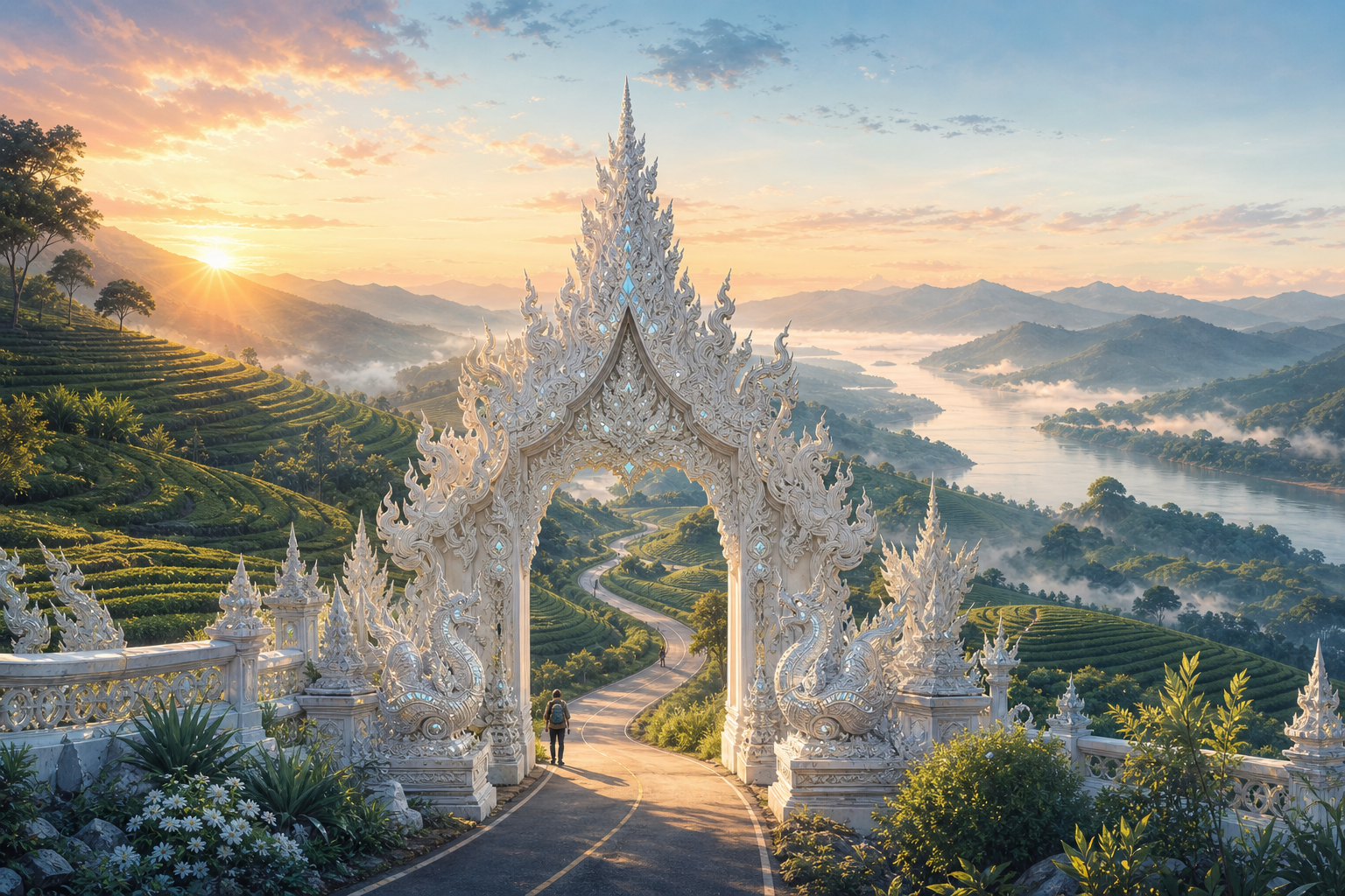 A winding road passes through an ornate white temple gateway and continues into misty tea-covered mountains beside a distant river, suggesting that Chiang Rai’s