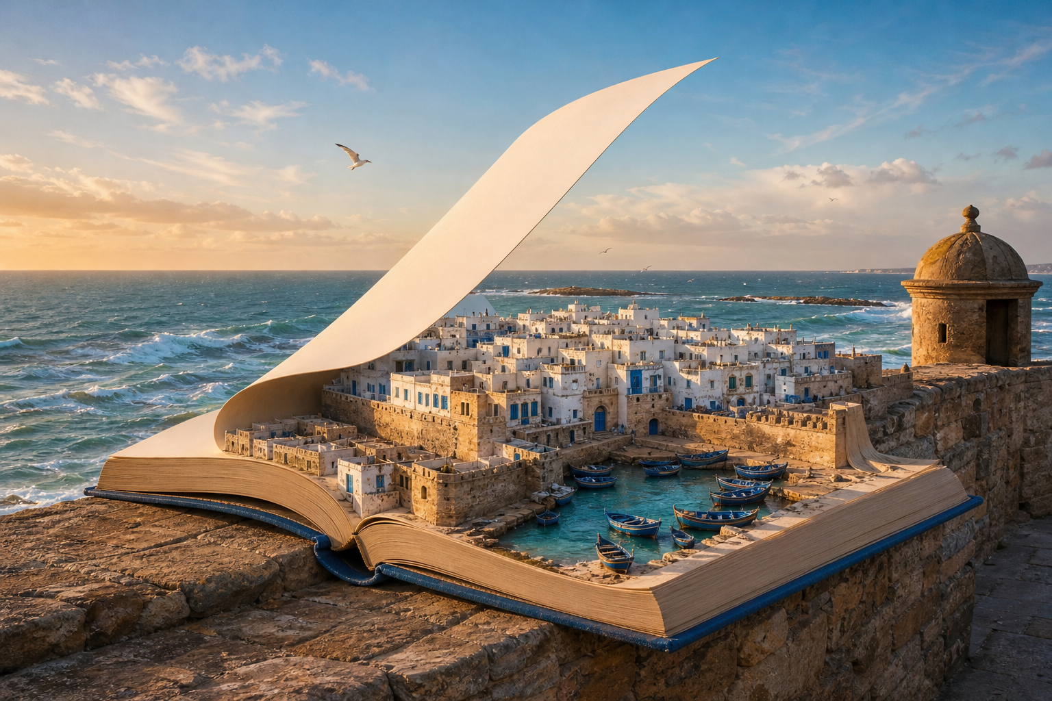 A textless open book on Essaouira’s sea ramparts becomes the compact white-and-blue medina as Atlantic wind lifts one page in warm late-afternoon light.