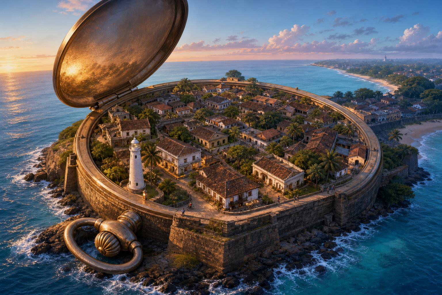 An open antique pocket watch on a coastal headland, its case formed by Galle Fort’s stone ramparts and its intricate mechanism transformed into streets, courtya
