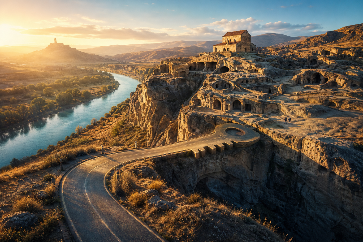 An empty road curves through Georgia’s Mtkvari Valley and transforms into a key that unlocks the sandstone cave city of Uplistsikhe, releasing warm dawn light
