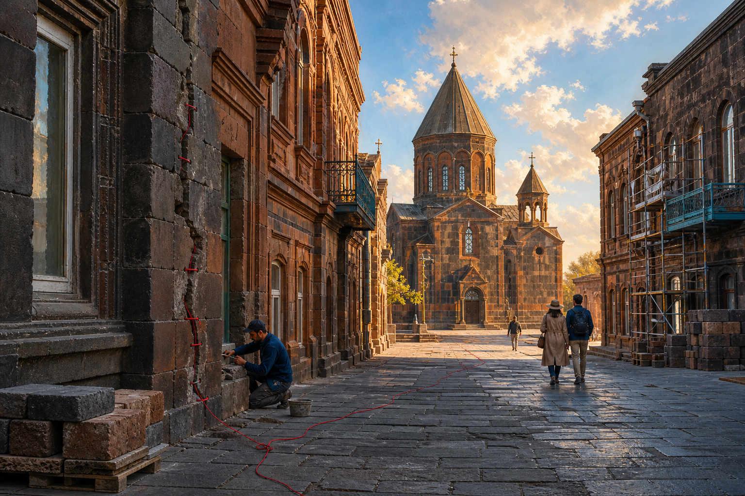 A red thread visibly stitches weathered and restored black-and-rust tuff buildings around Gyumri’s Church of the Holy Saviour, symbolising a city worth adding