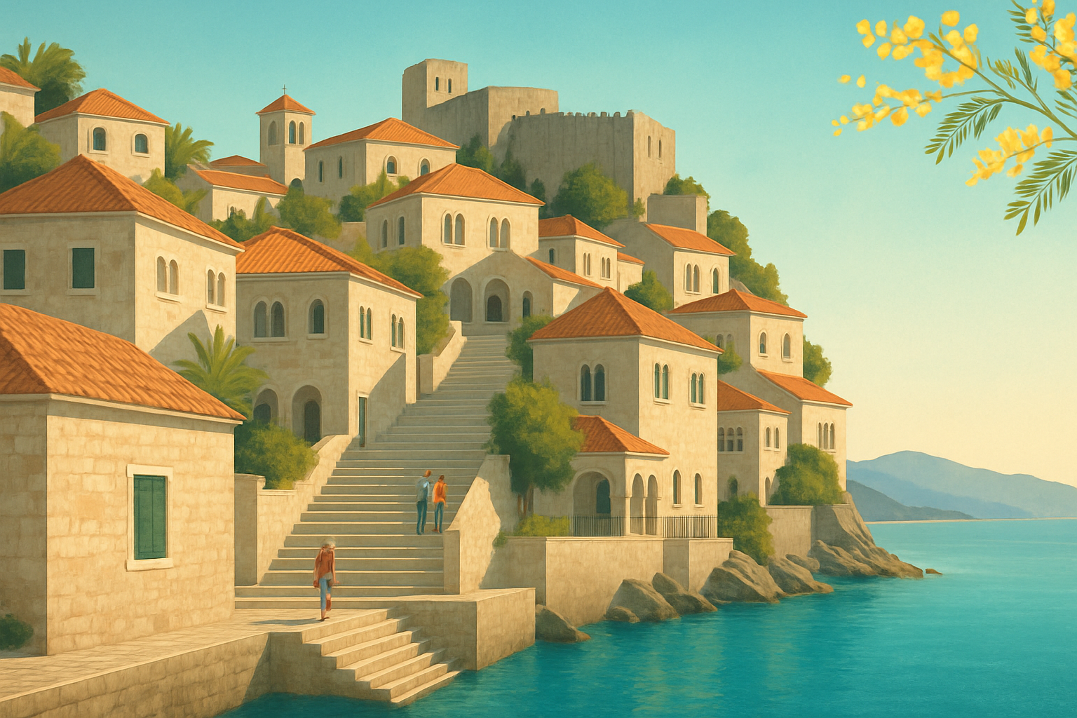 Editorial illustration of Herceg Novi imagined as a monumental stone staircase, its ascending levels formed from accumulated historical architecture and leading