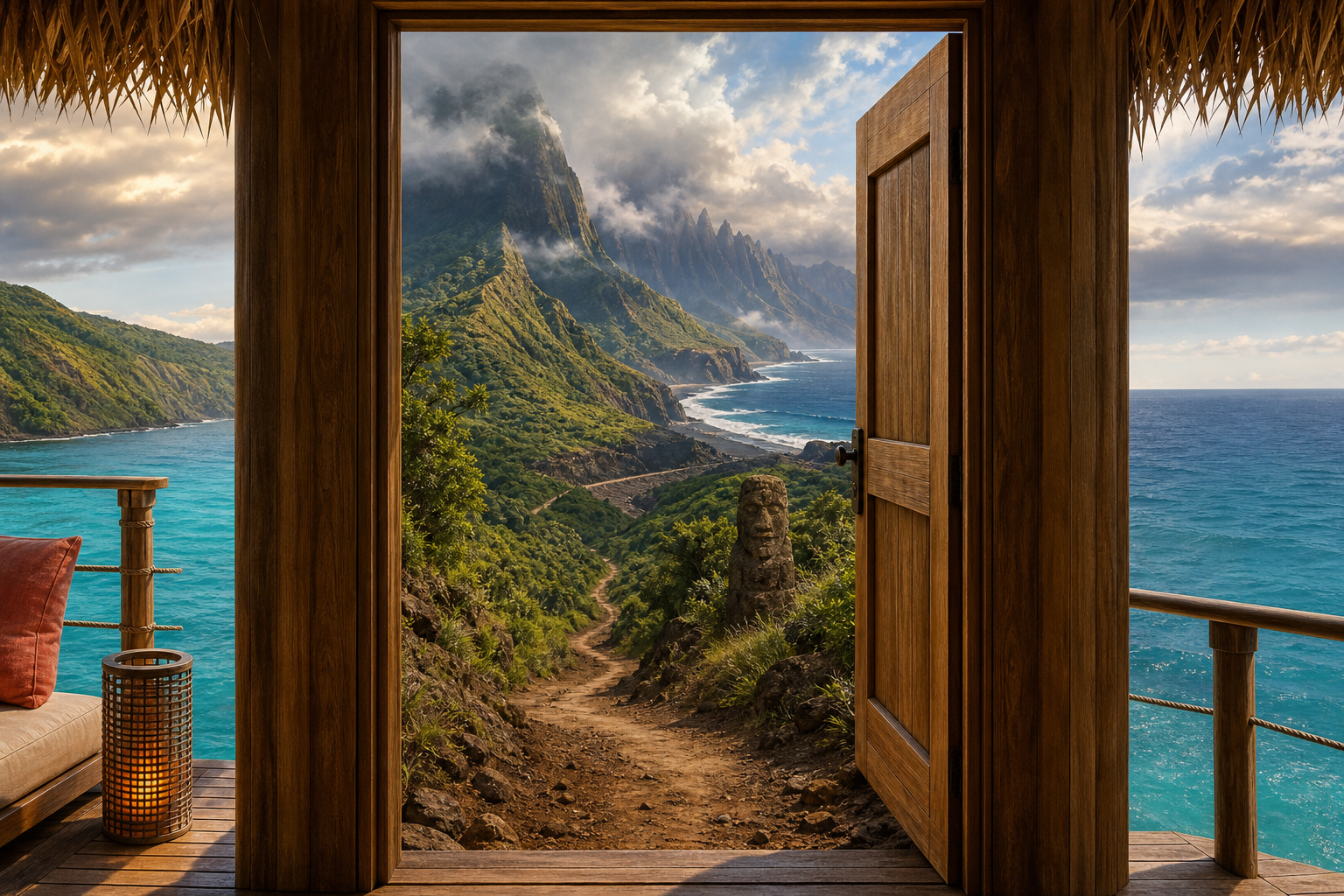 An open doorway on a pristine overwater deck leads unexpectedly into a vast, cloud-covered Marquesan valley, where a rough road winds towards a weathered stone