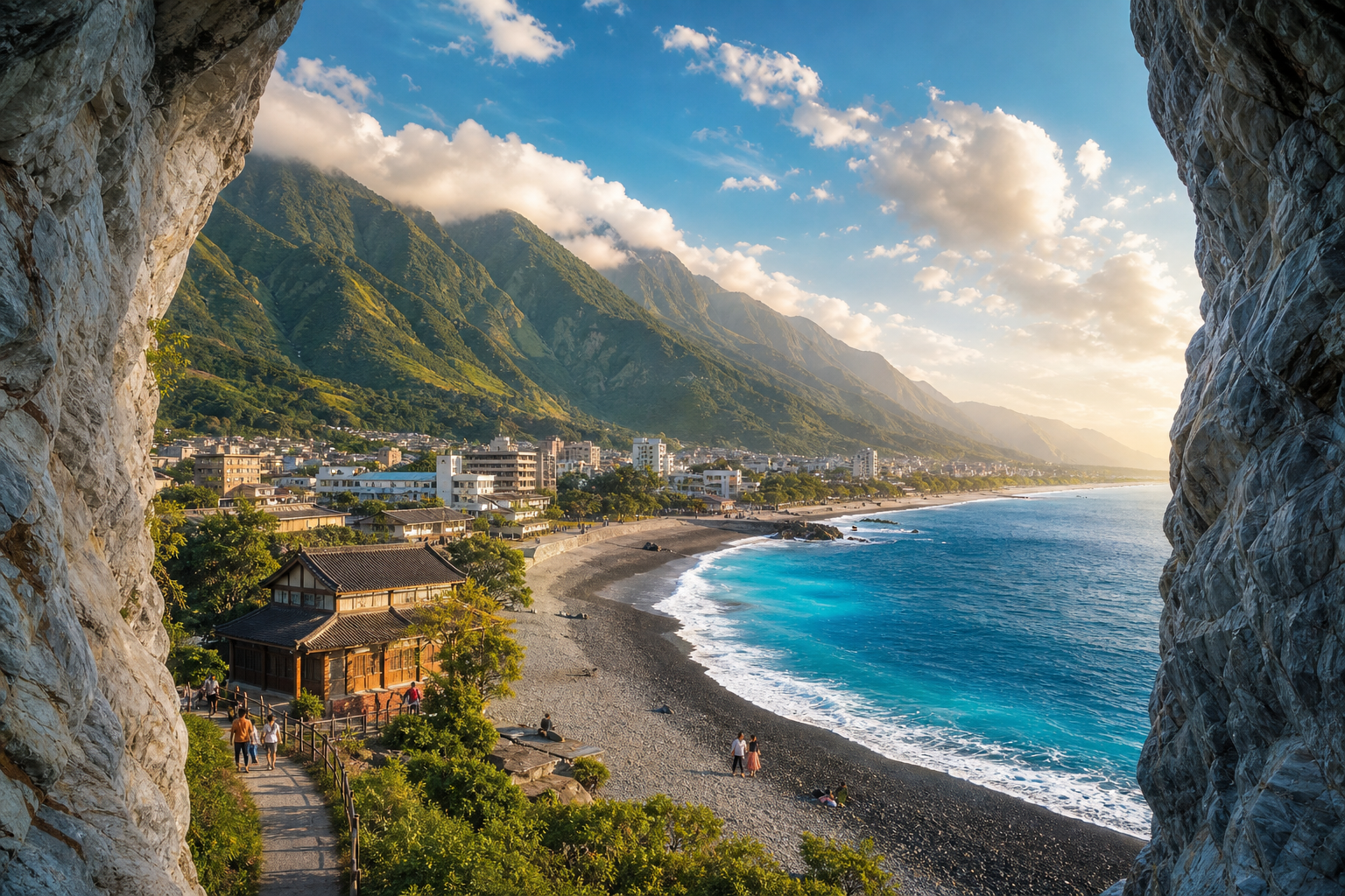 A narrow marble gorge opens like a doorway onto a wide Hualien panorama, where a quiet low-rise city meets a curving black-pebble Pacific coast beneath steep
