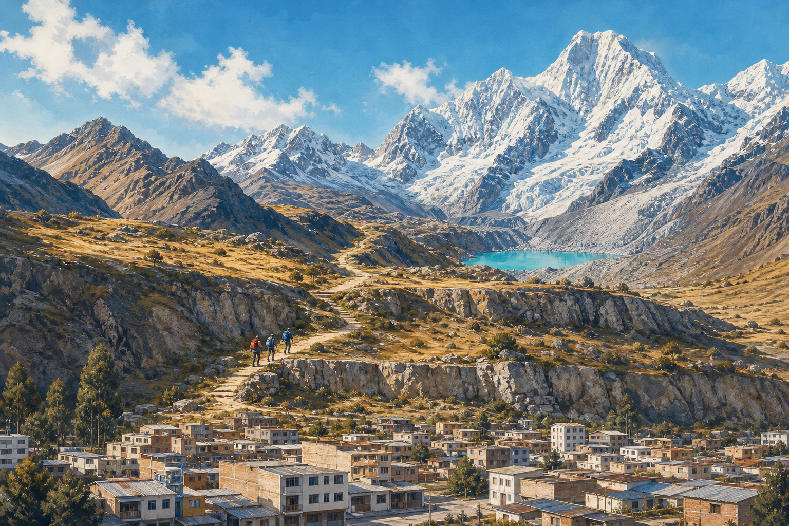 A modest Andean city forms the broad first step of a gradual stone staircase rising through a turquoise glacial lake towards the snow-covered Cordillera Blanca.