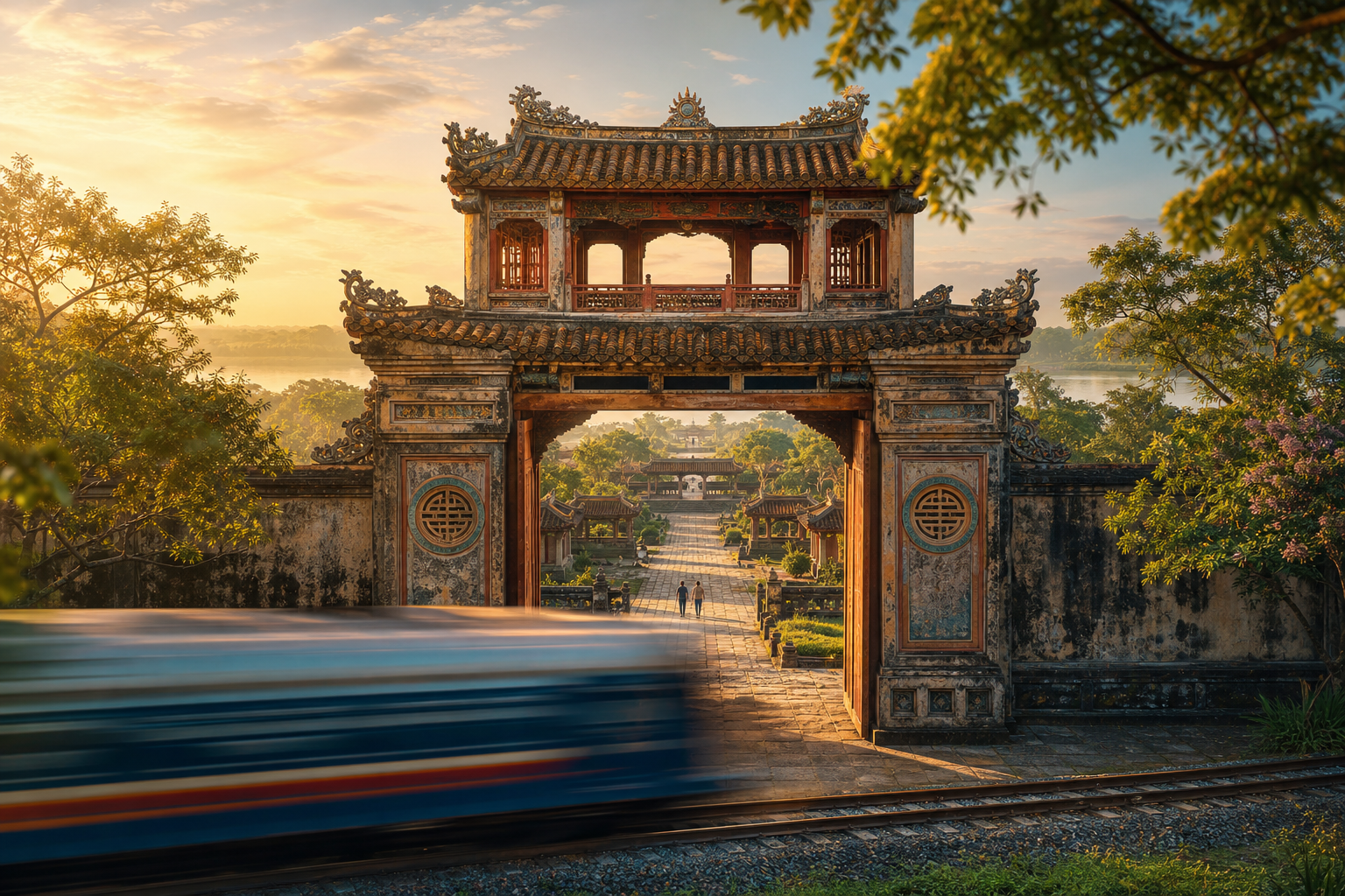 An open imperial gate in Hué reveals a deep sequence of quiet courtyards, pavilions and ruins leading towards the Perfume River, while a blurred train speeds过去