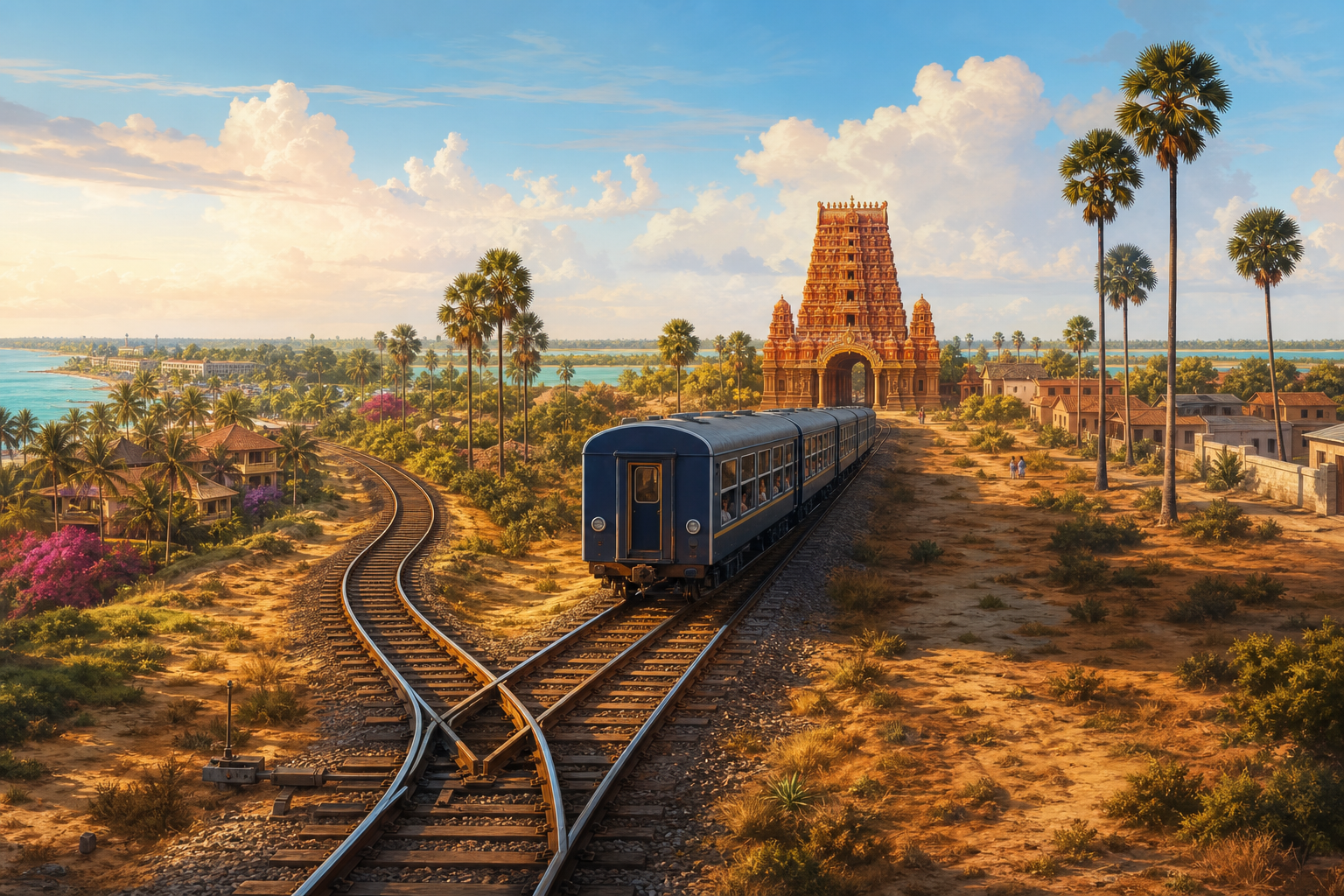A passenger train takes the quieter branch of a railway junction across Jaffna’s flat, palmyra-dotted landscape towards the ochre-red gateway of Nallur temple,