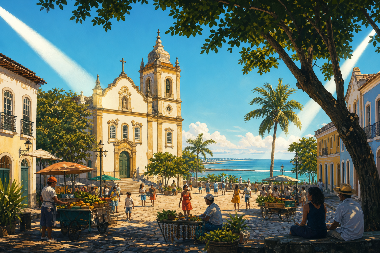 An intact colonial square in João Pessoa sits in warm natural daylight beside a glimpse of calm green-blue Atlantic water, while two theatrical tourist spotli