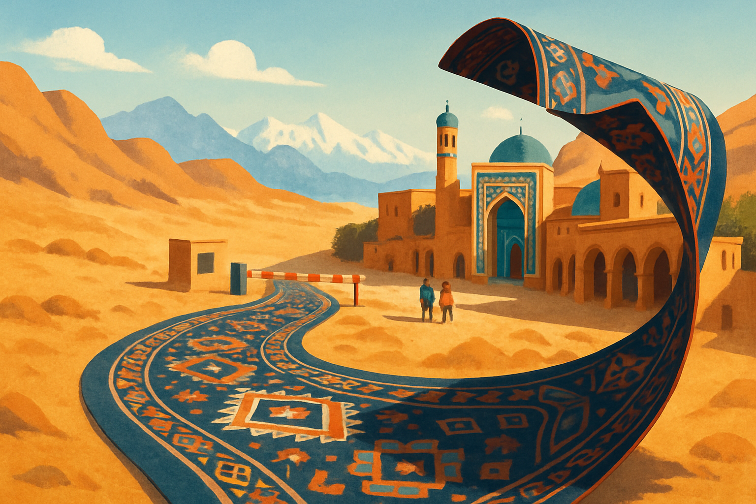 A woven Central Asian carpet forms a road through an arid mountain landscape, crossing a narrow border barrier before its folded final section lifts to reveal a