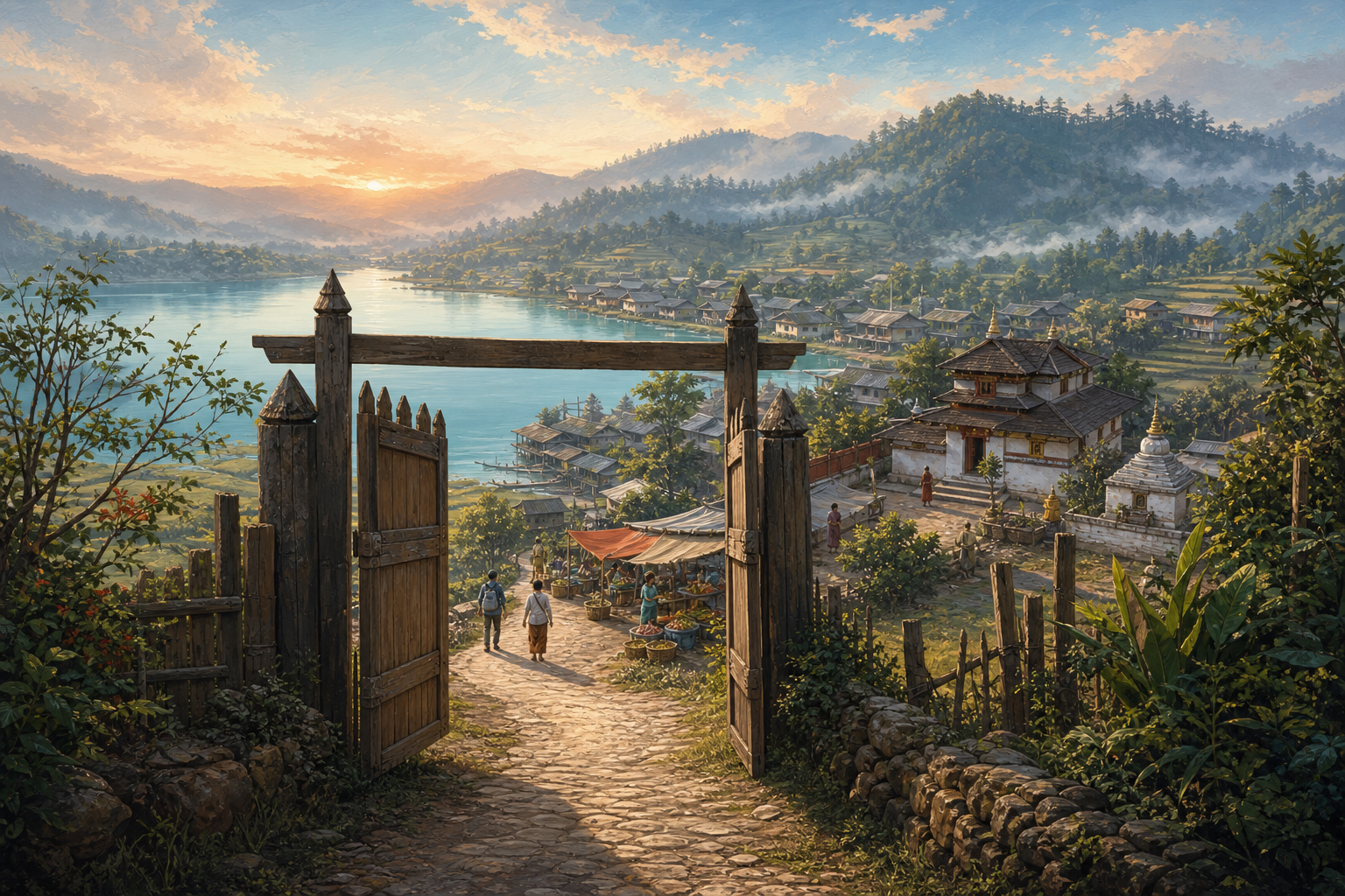 A winding path through misty Shan hills passes a half-open wooden gate and leads towards a quiet lived-in lakeside town with a working monastery and morning