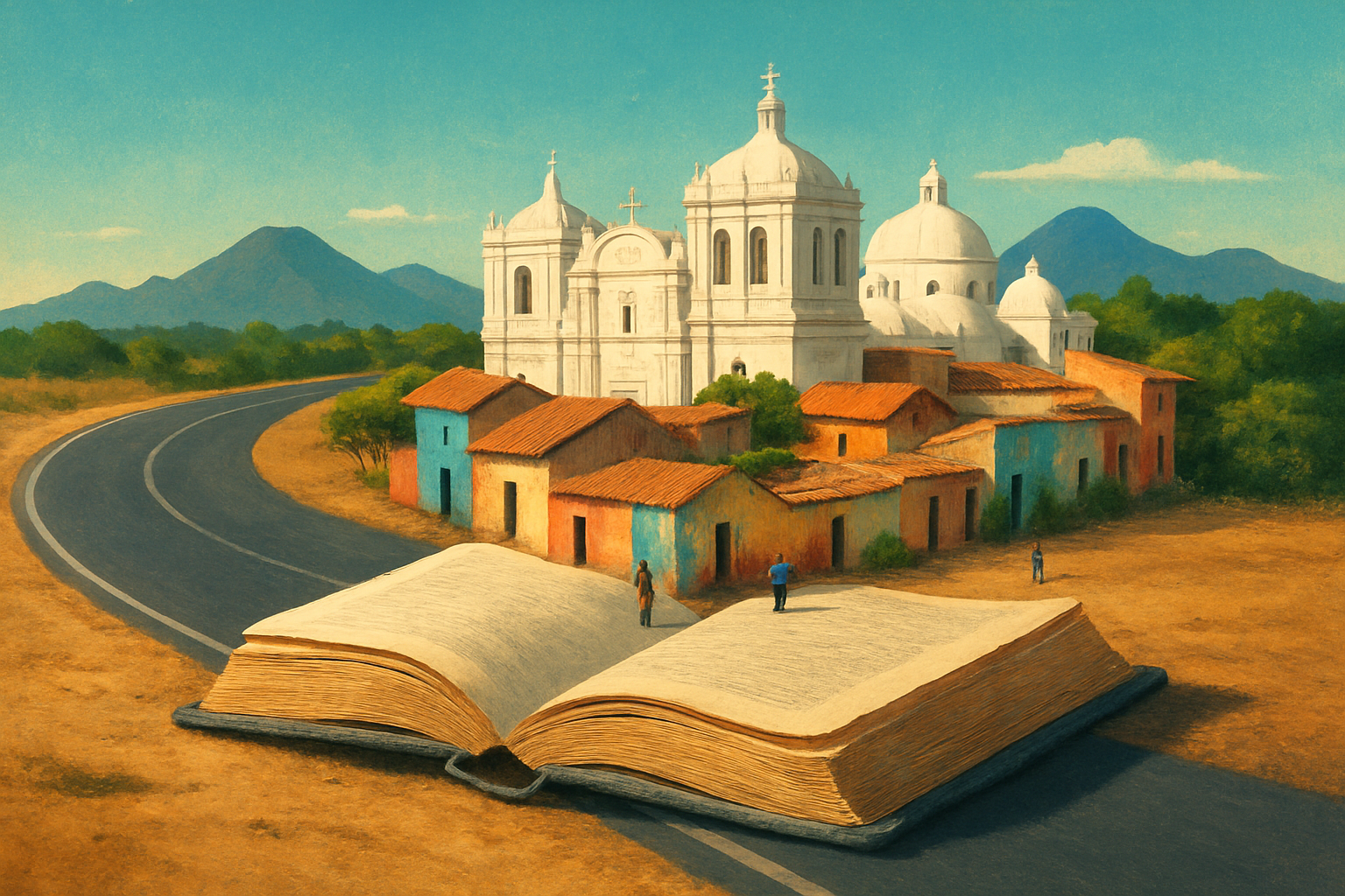 An easy, smooth road curves past a weathered open book without stopping; from the pages rises León’s white cathedral, mural-coloured streets and a dark volcano,