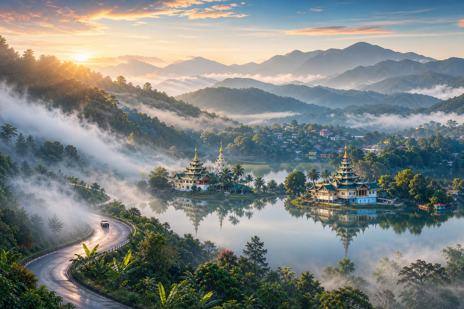 A winding mountain road unfurls through dawn mist, revealing Mae Hong Son’s calm lake, twin temples and an expansive green mountain province beyond.