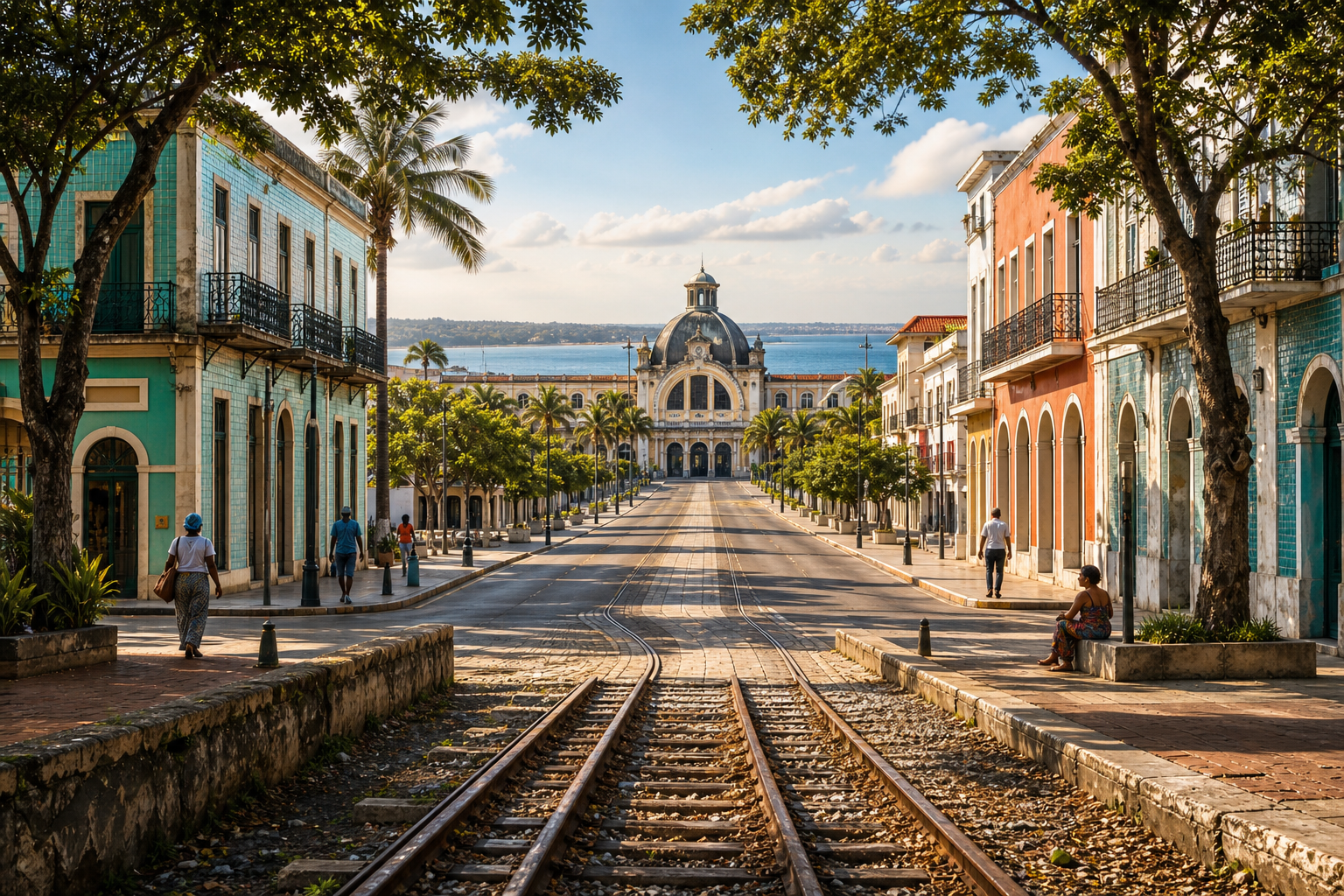 Railway tracks entering Maputo transform into a broad tree-lined avenue between tiled historic buildings and the city’s domed station, suggesting an overlooked