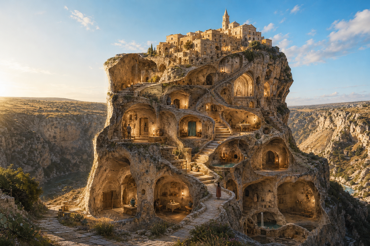 Editorial illustration of Matera as a vast honey-coloured stone iceberg: a small sunlit ridge of cave houses sits above an expansive cutaway of interconnected