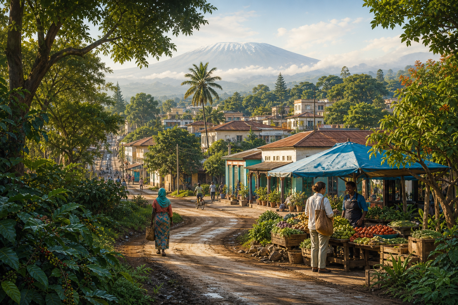 A path that appears to lead towards distant, cloud-veiled Kilimanjaro curves instead into the colourful streets, market stalls and coffee-growing greenery of