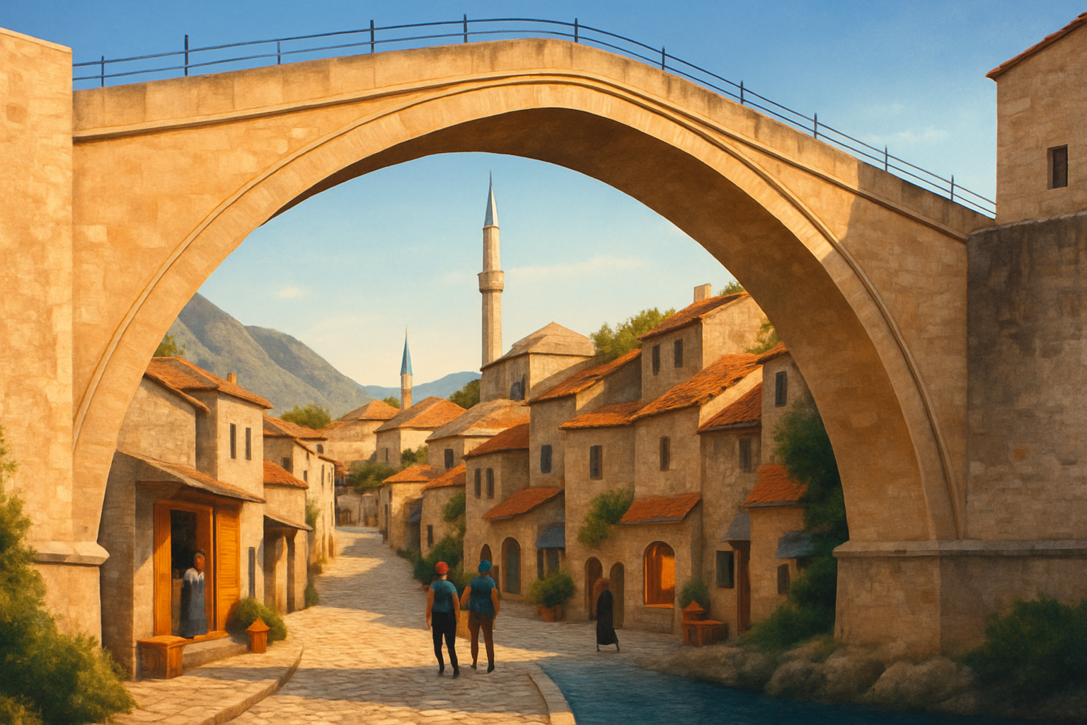 At dawn, Mostar’s stone bridge forms a gateway framing quiet Ottoman-era lanes, workshops, a mosque and limestone hills beyond, suggesting that the famous span