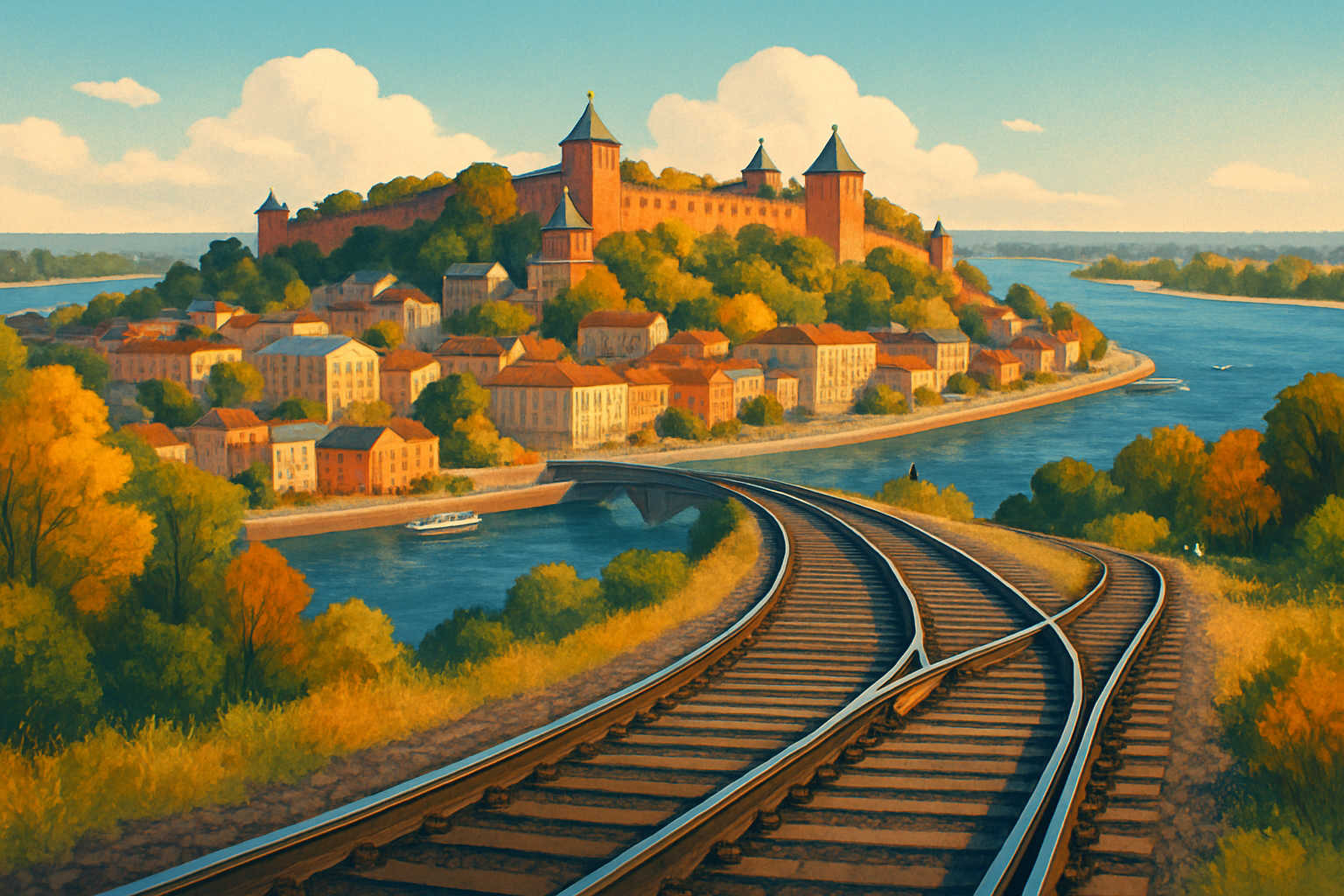A railway line branches towards Nizhny Novgorod’s red-brick kremlin above the confluence of the Oka and Volga, while the main track continues past.