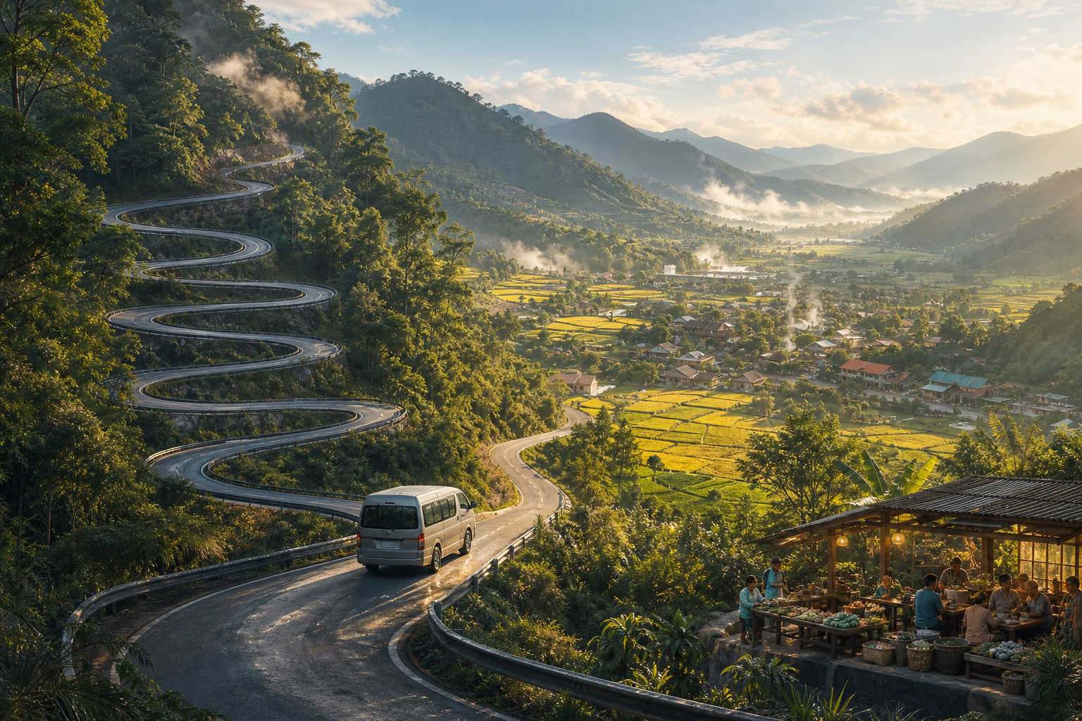 An unbranded minivan follows a tightly coiled mountain road that unfurls into a lush northern Thai valley of rice fields, misty hills and a small town.