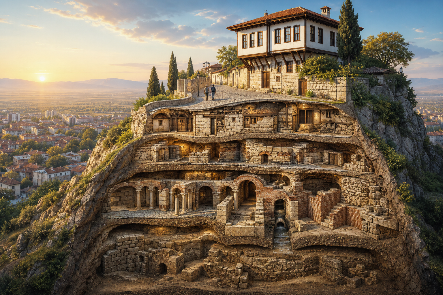 A dawn view of a Plovdiv hill rendered as an architectural cutaway: a Bulgarian Revival house and cobbled lane stand above layered Ottoman, Byzantine, Roman and