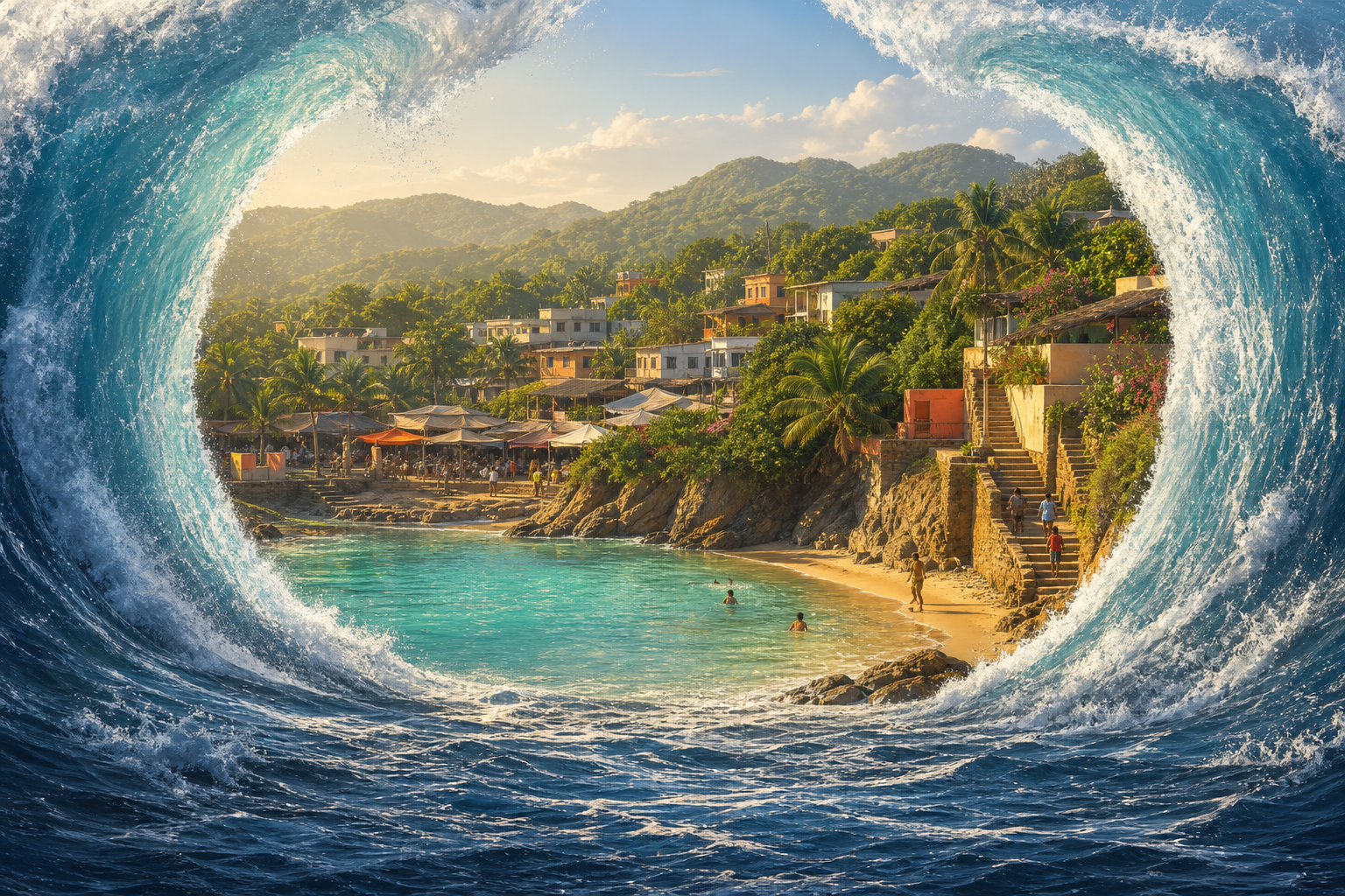 A huge Pacific wave parts like a curtain to reveal a calm cove, cliff steps, leafy neighbourhoods and an inland market in Puerto Escondido.