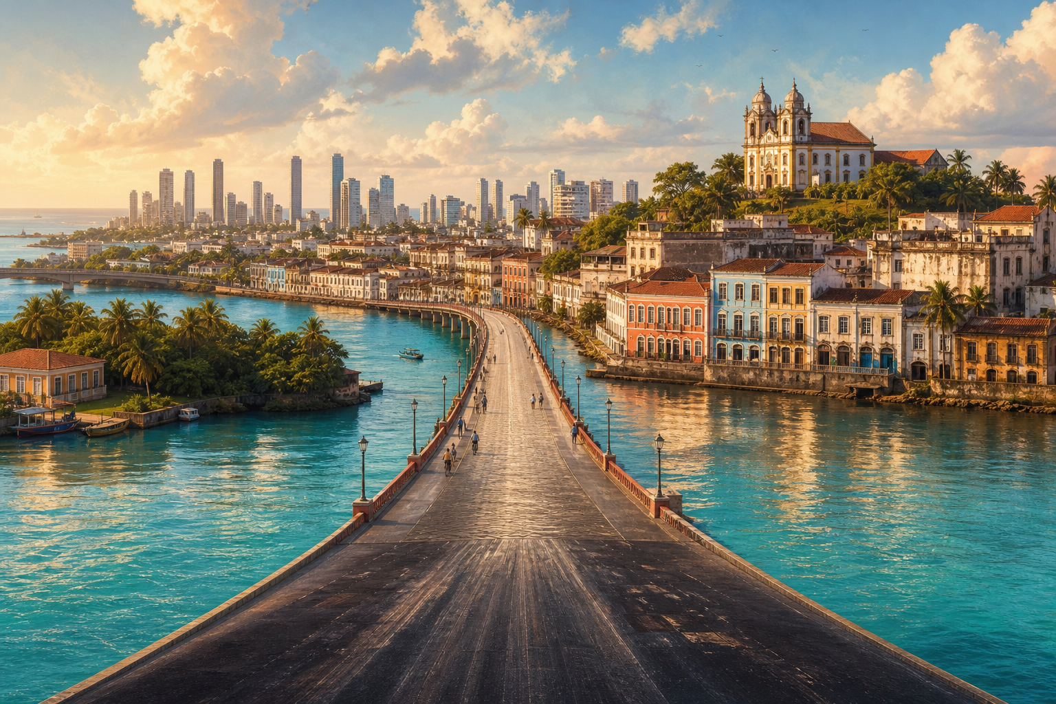 An airport runway transforms into a bridge over Recife’s waterways, leading towards colourful colonial buildings, a hilltop church and a modern skyline beyond.