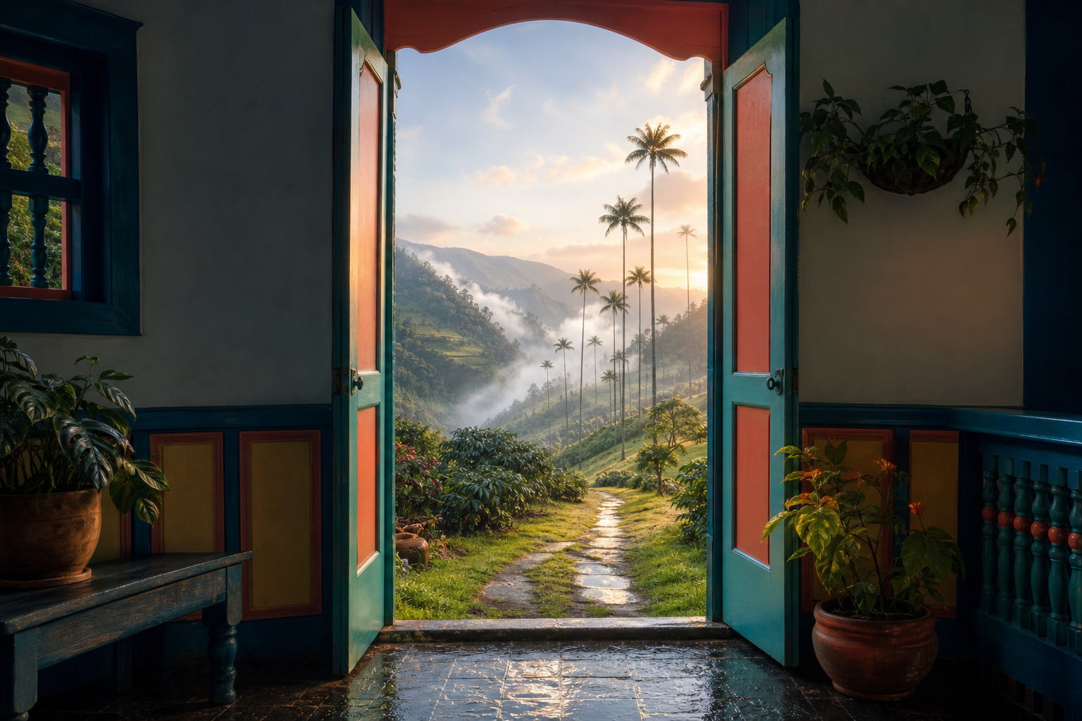An open colonial guesthouse door frames a quiet dawn path into Colombia’s misty Cocora Valley, where towering wax palms rise above coffee-covered hills.
