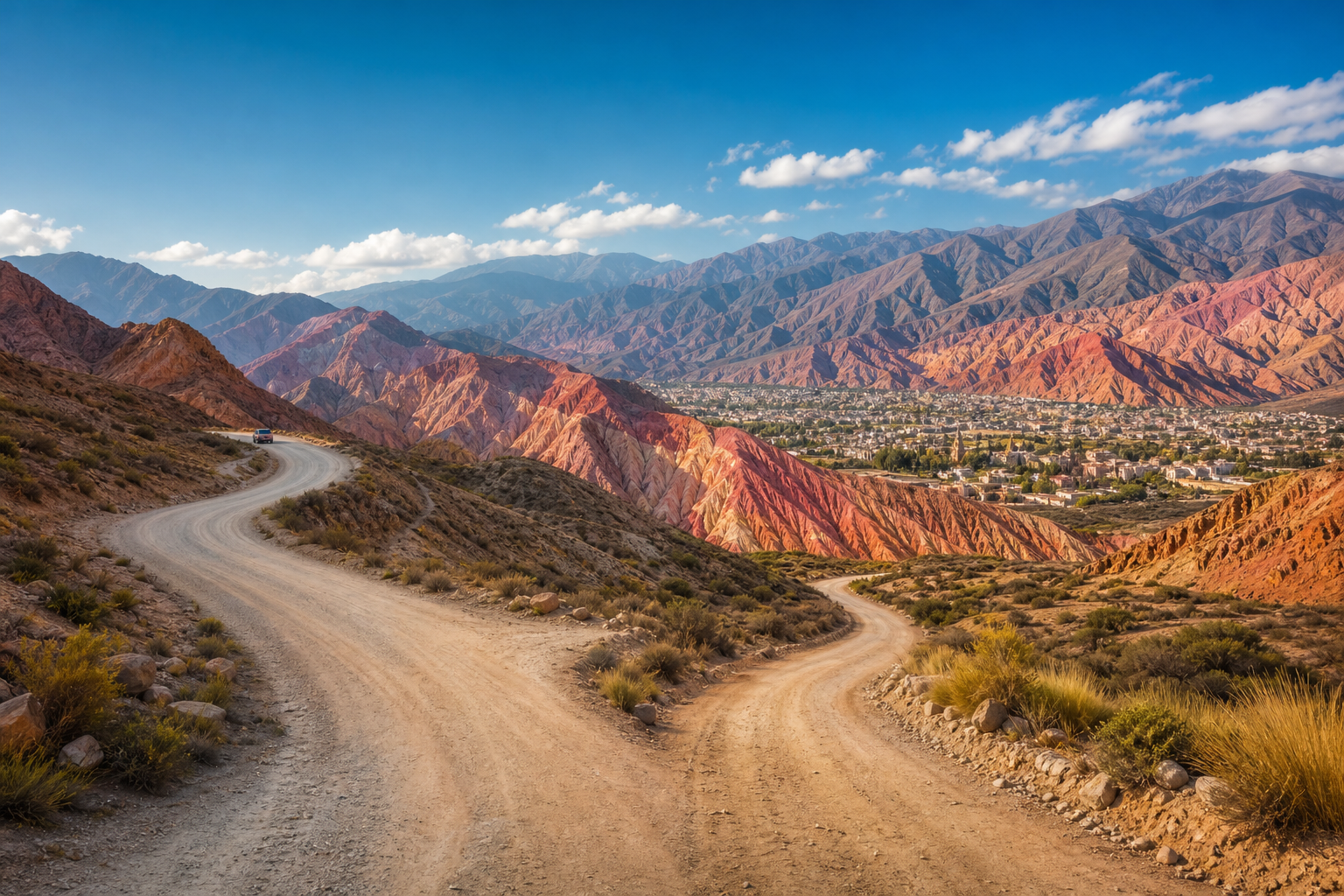 An unmarked road forks in north-west Argentina: the broad, well-worn route curves away, while a smaller clear road leads into a vivid valley of layered red and