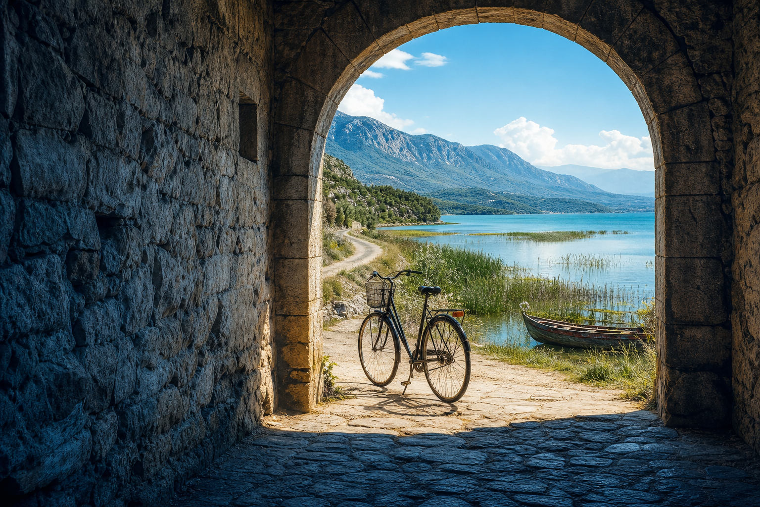 A bicycle emerges through a weathered medieval stone gateway from a cramped, shadowy passage into a wide, sunlit lakeside landscape near Shkodër, with reeds, a